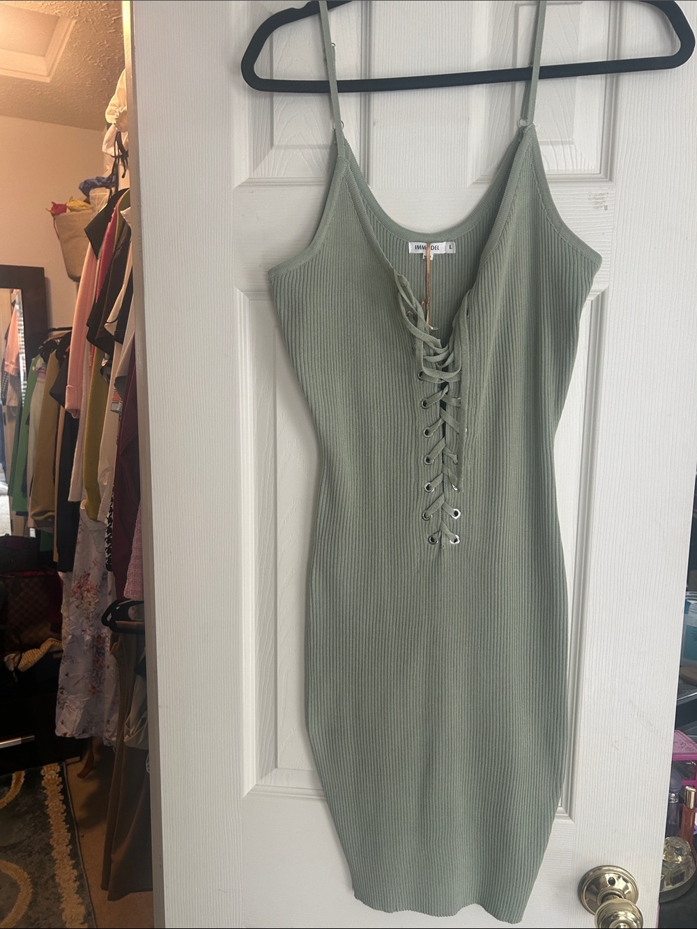Lace-Up Ribbed Slip Dress in Sage Green